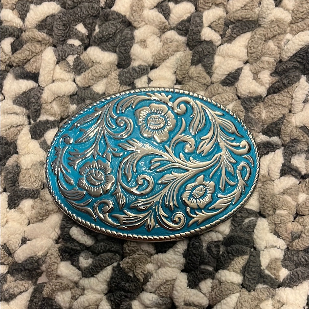 Silver and Blue Floral Belt Buckle